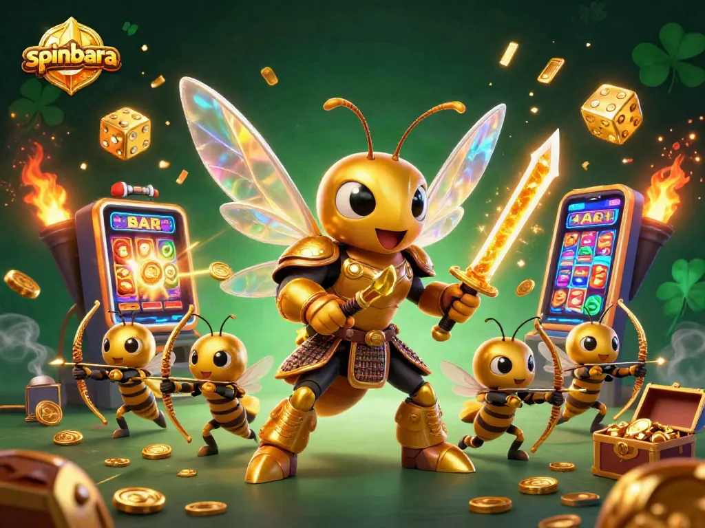 Win at spinbara with a stunning illustration featuring a golden hornet and jackpots bursting with coins.