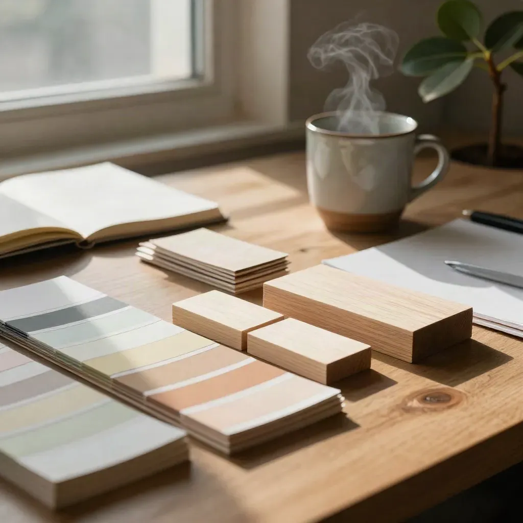 Mesa de agencia con fichas de color, bloques de madera, taza cerámica y una pequeña higuera en luz cálida.