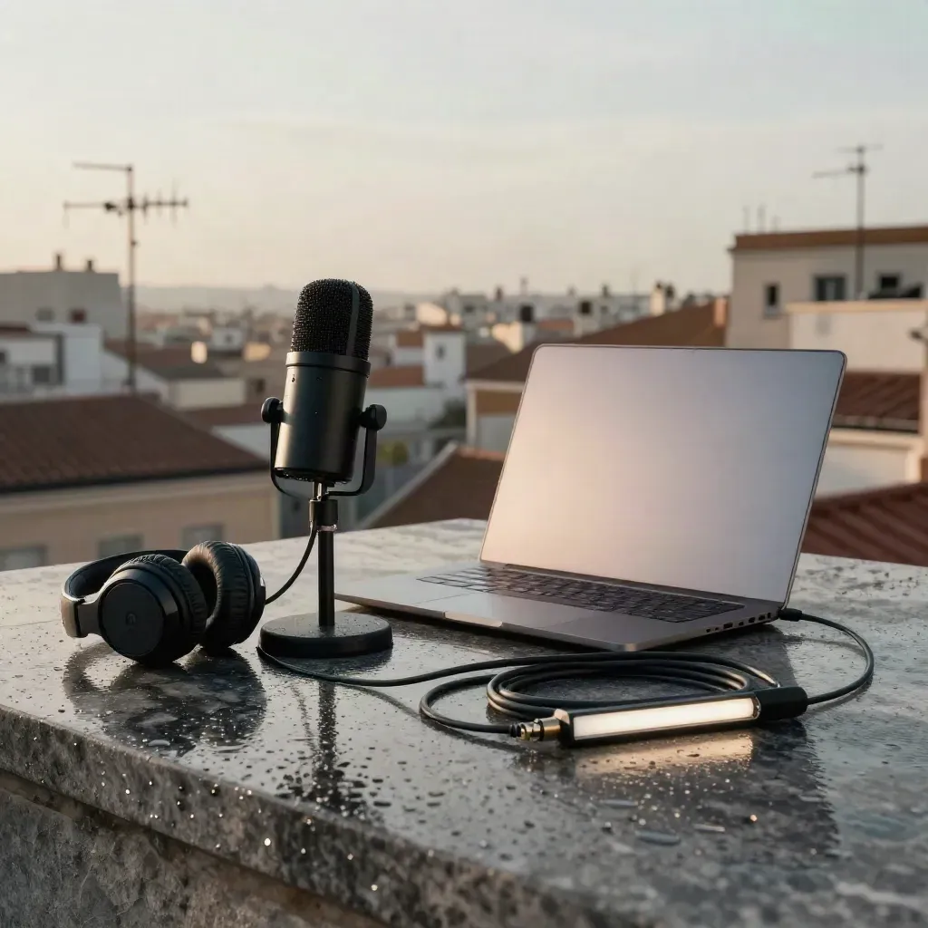 Azotea madrileña mojada con micrófono de podcast, portátil cerrado y auriculares tras la lluvia.