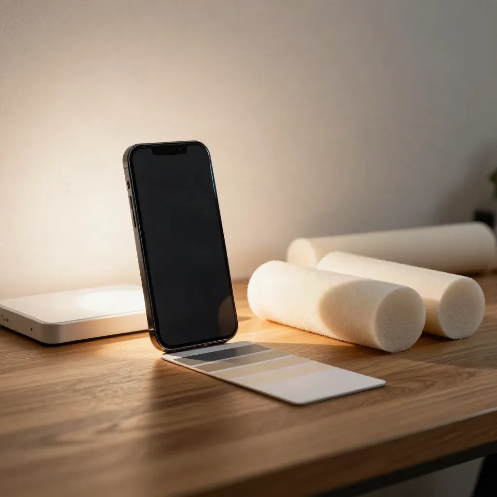 Mesa de rodaje minimal con móvil, caja de luz, carta de color y cilindros de espuma en luz dorada.