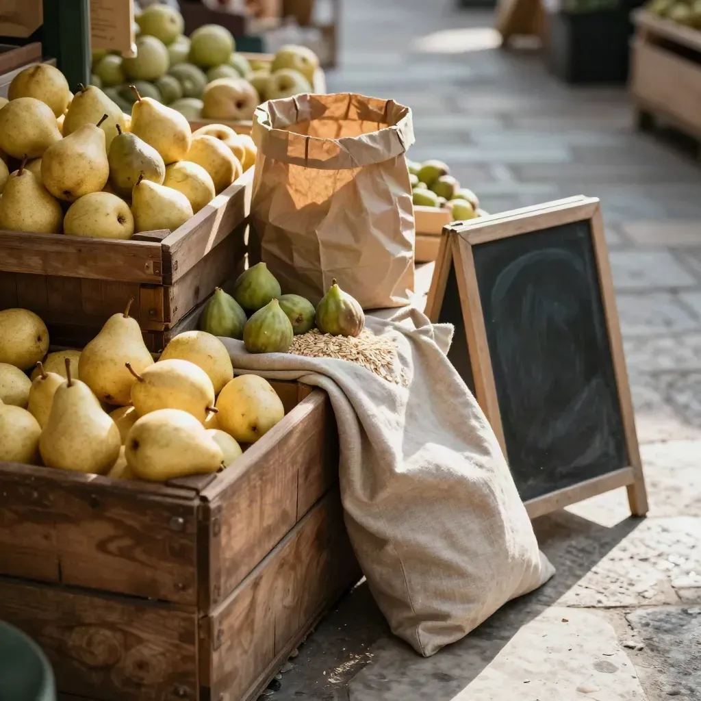 Esquina de mercado con frutas neutras, bolsas de papel, lino y pizarra en luz dramática.