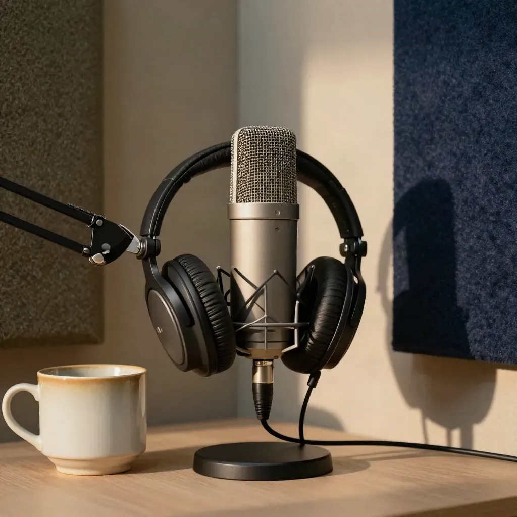Cabina de podcast con micrófono, auriculares y taza, en luz cálida de tarde y aire silencioso.