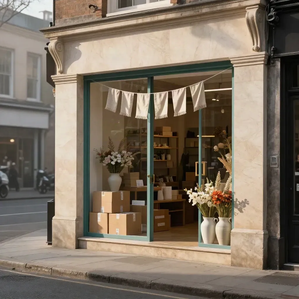 Fachada comercial primaveral con escaparate abierto, ramos neutros, cajas y banderines al viento.