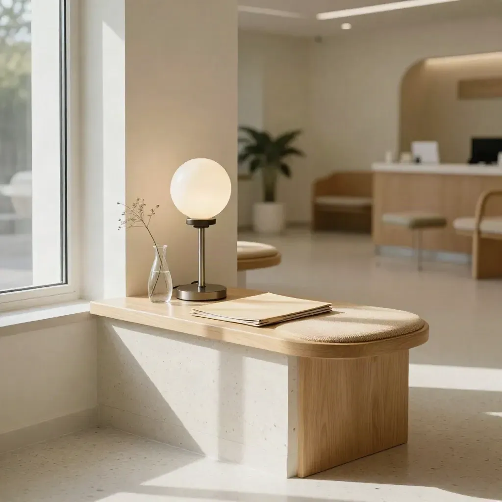 Recepción clínica luminosa con lámpara opalina, jarrón de vidrio y banco de madera.