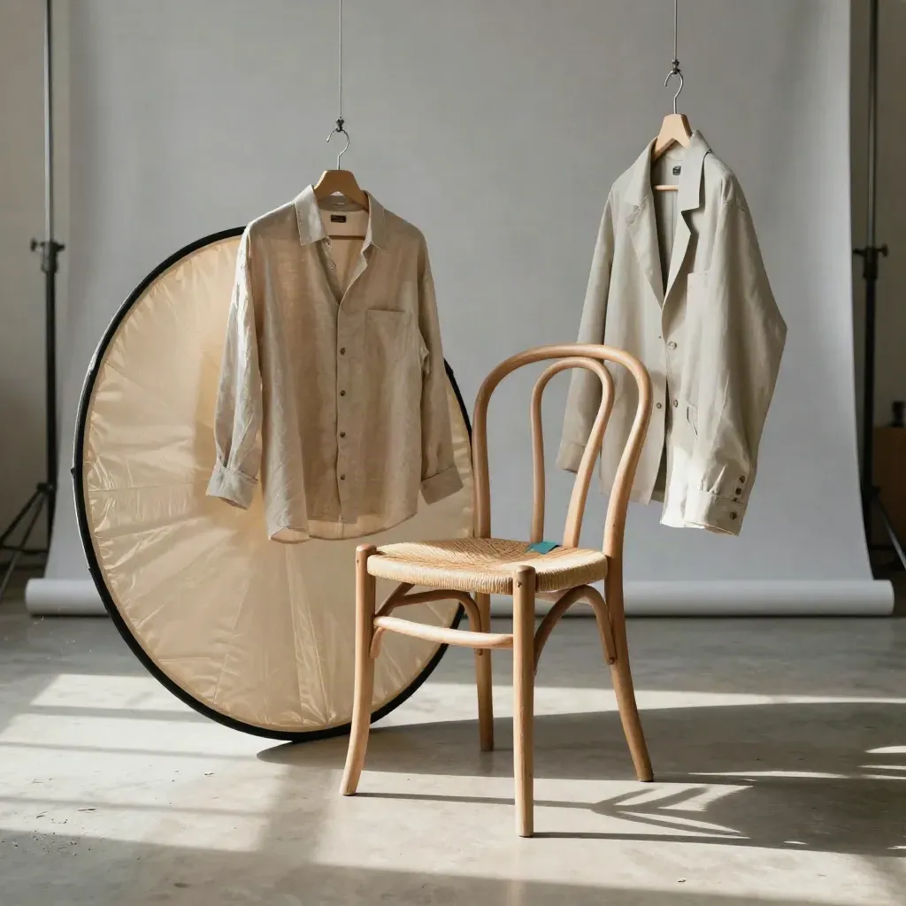 Set de retratos con silla vacía, reflector plegado y prendas neutras bajo luz suave.