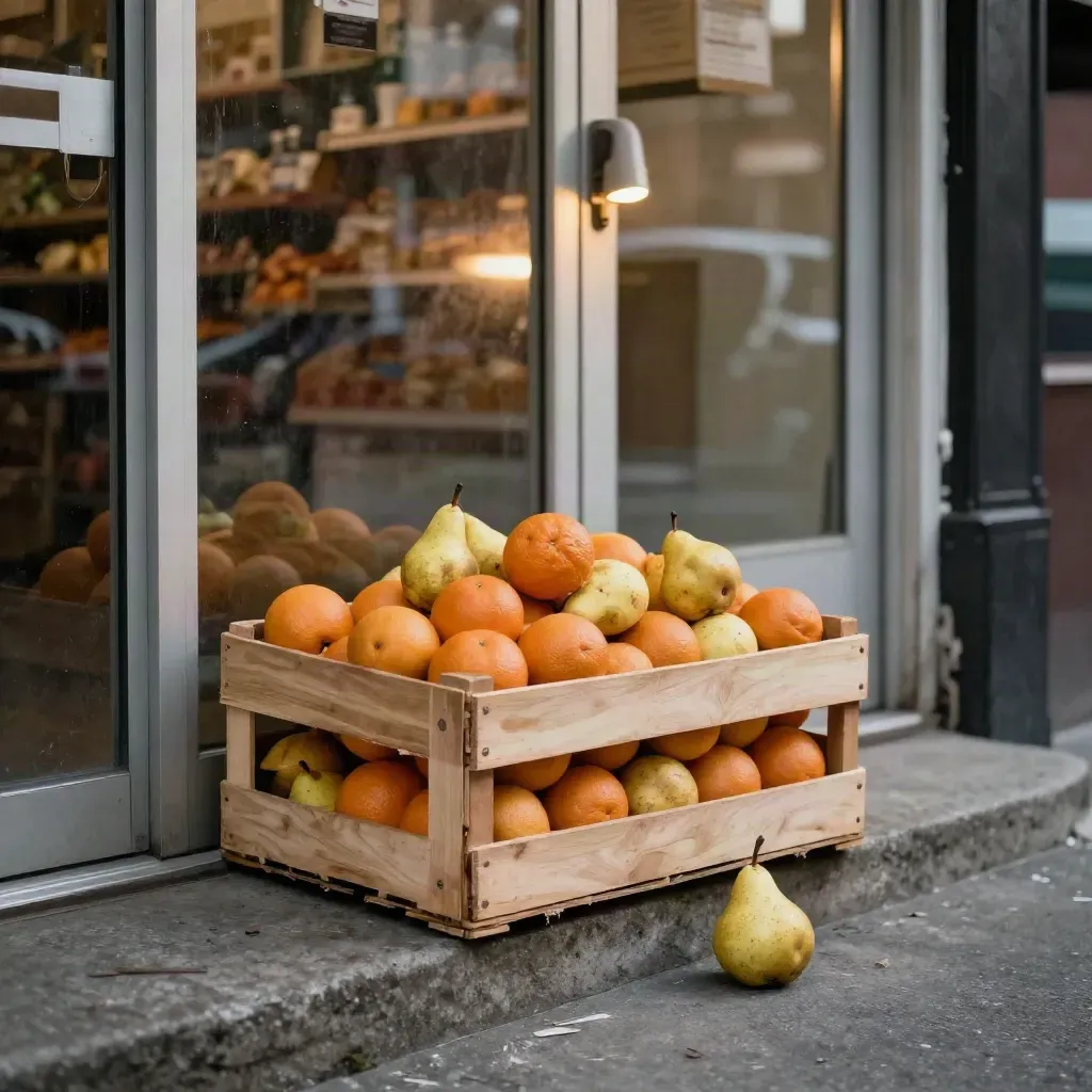 Fruta cayéndose junto a la puerta entreabierta de una tienda de barrio al atardecer.
