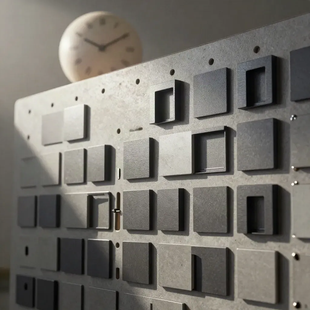 Panel magnético de calendario con fichas geométricas y un reloj desenfocado, en luz fría matinal.
