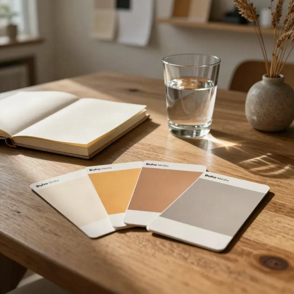 Tarjetas de tono sobre mesa de madera, libreta cerrada, vaso de agua y ramo seco en estudio luminoso.