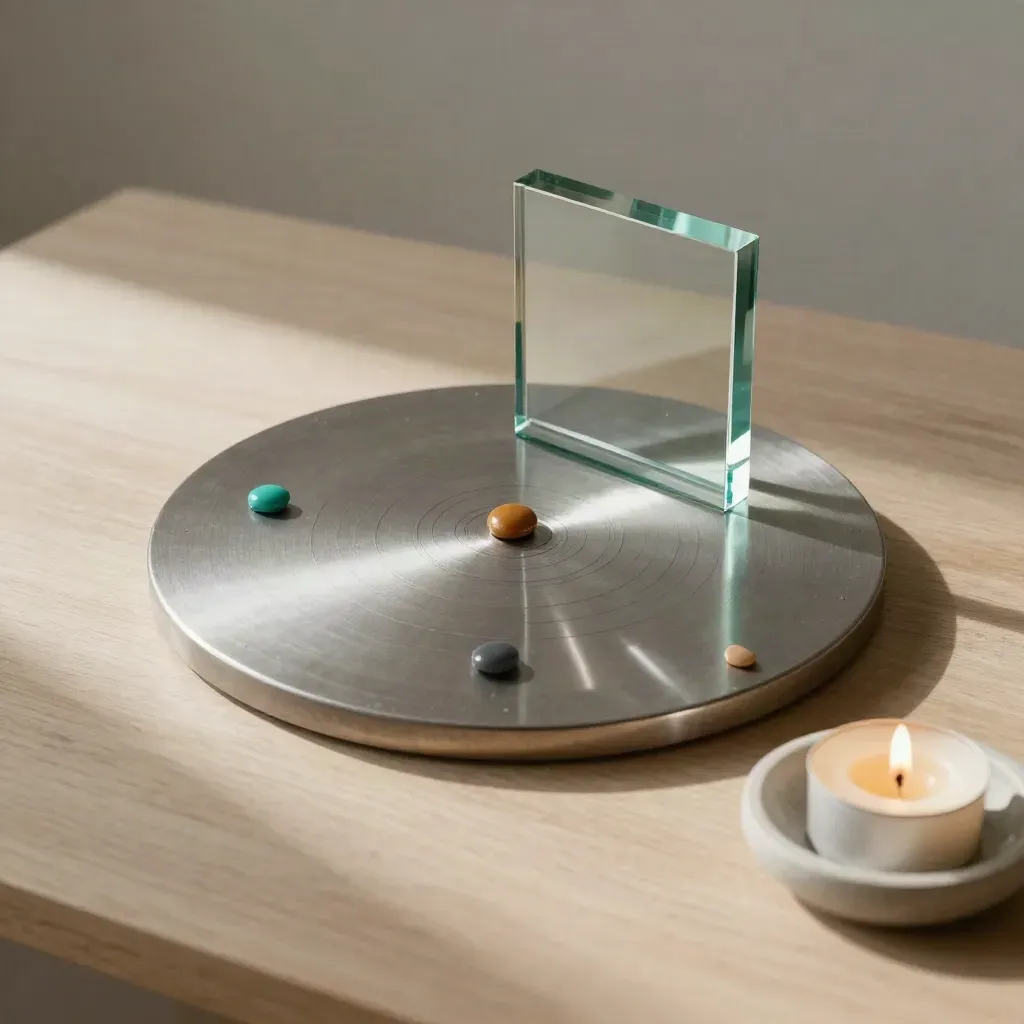 Disco metálico con marcadores, bloque de cristal y vela sobre madera clara.