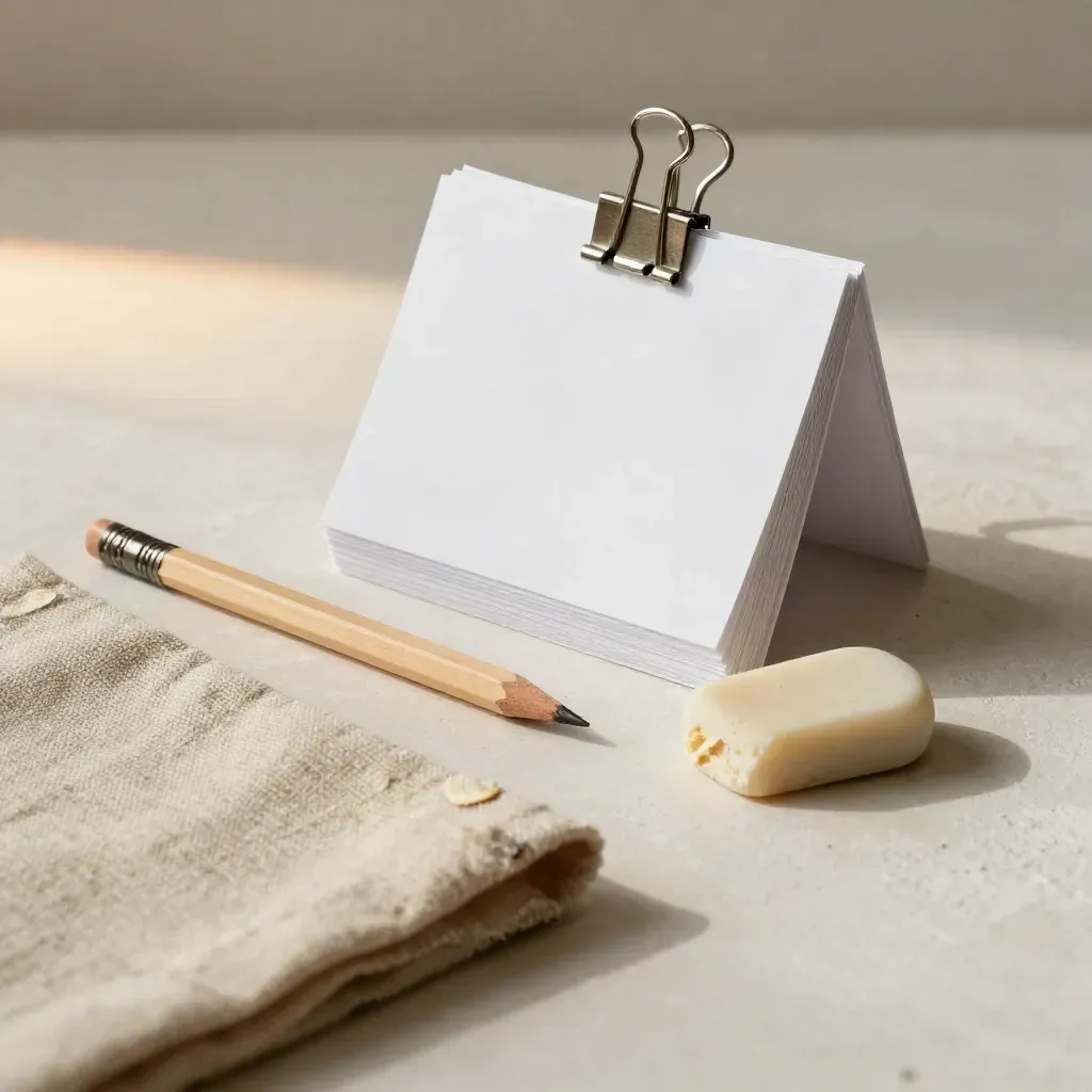 Tarjetas para guion con lápiz, goma y funda de lino sobre fondo claro.