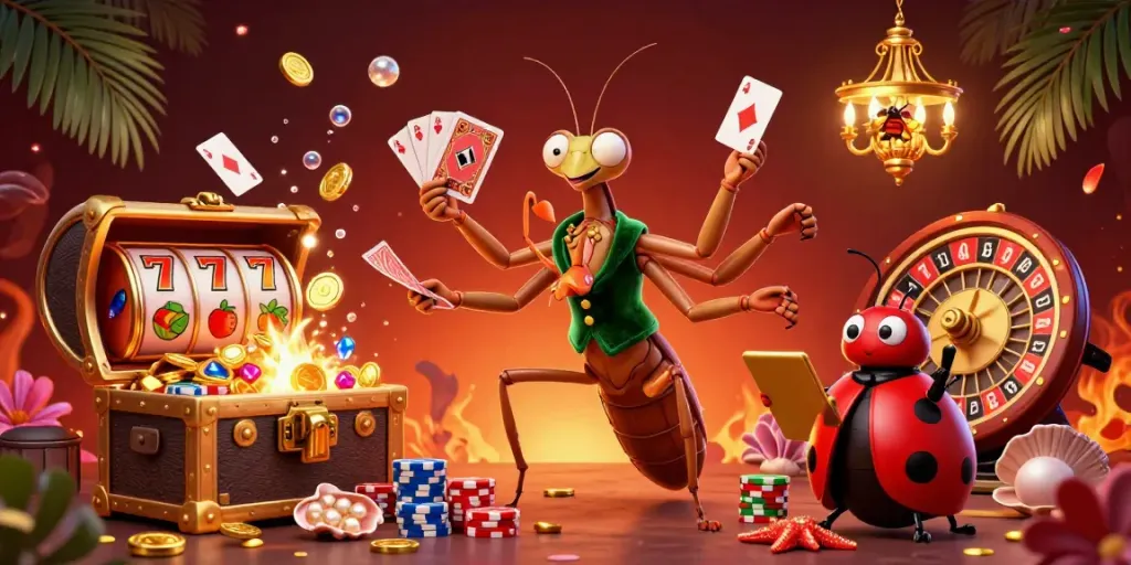 Experience the bonfireblockparty with vibrant 3D casino characters celebrating with winning slots, cards, and golden coins.
