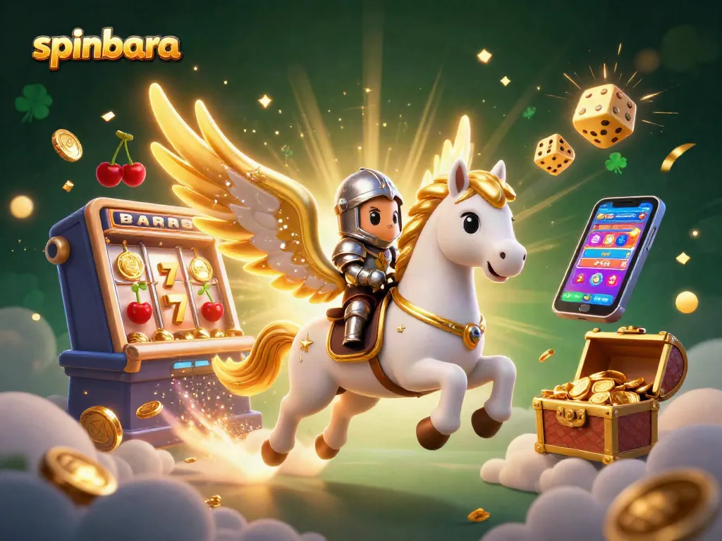 Experience the excitement of spinbara with vibrant casino elements and a mystical white horse illustration.